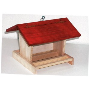 Mangiatoia rustica in legno con tetto rosso da appendere. Casetta per uccelli per semi.