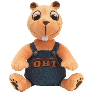 Peluche OBI Castoro seduto con salopette di jeans, arancione, alto 22 cm.