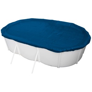 Bâche d'été bleue Steinbach pour piscine ovale (550x360 cm) sur piscine blanche.