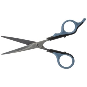 Trixie Fellschere 16 cm aus rostfreiem Edelstahl mit blauen Griffen, geöffnet. Ideal für Hundefellpflege.