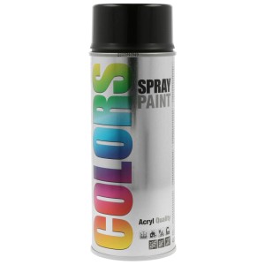 Bomboletta spray acrilica Colors RAL 9005 nero intenso lucido, adatta per verniciatura e riparazioni.