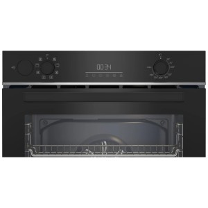 Four encastrable Beko BBIS143N0B noir, avec affichage numérique, boutons rotatifs et intérieur ouvert avec grille.