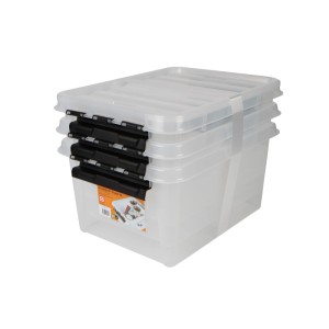 Set da 3 contenitori SmartStore Classic, 31 litri, trasparenti con clip nere.