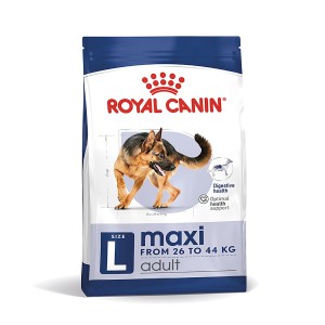 Royal Canin Maxi Adult cibo secco per cani di taglia grande, confezione con illustrazione di pastore tedesco.