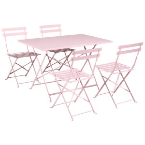 Salon de jardin Beliani Fiori: 4 places, pliable, acier rose pastel. Table rectangulaire et 4 chaises.