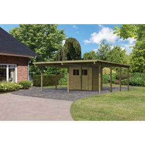 Karibu Doppelcarport Eco 2 mit Abstellraum: Carport aus Holz mit PVC-Dach und kleinem Schuppen.