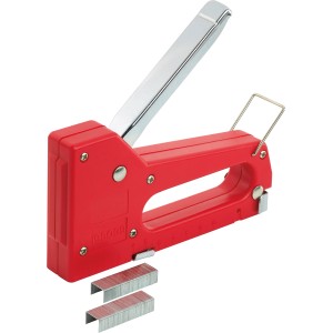 Cucitrice manuale rossa per graffette da 4-8 mm con munizioni per il fai da te.