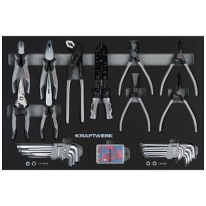 Jeu d'outils Kraftwerk pour servante d'atelier : pinces, clés, cosses.
