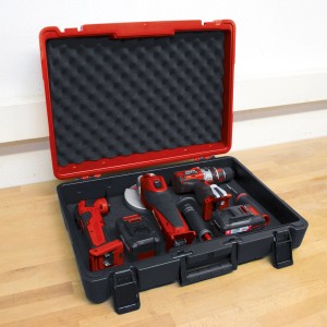Boîte à outils Einhell E-Box S (35x33cm) avec outils et batteries de la série Power X-Change.
