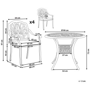Schéma : Ensemble de meubles de jardin Beliani Ancona, aluminium noir, table et 4 chaises avec dimensions.