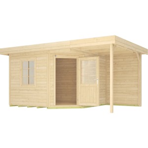 Casetta da giardino in legno non trattato con tetto piatto e annesso, porta aperta.