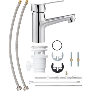 Miscelatore monocomando per lavabo Carsoli cromato con accessori come tubi di collegamento e set di scarico.