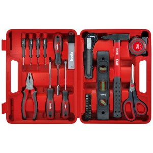 Mallette à outils rouge ouverte Einhell KWB 35 pièces avec outils comme marteau, pince, tournevis.