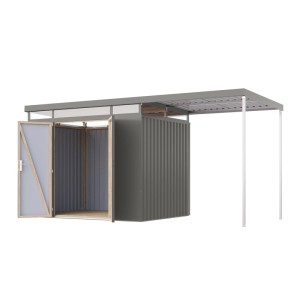 Abri de jardin en métal Karibu Argos 3 avec auvent, aluminium gris, double porte ouverte.