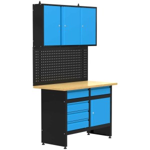 Ensemble d'établi Güde GW 5/1, 3 pièces, bleu et noir, avec panneau perforé et armoire murale.