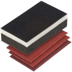 Set levigatrice manuale Wolfcraft, 4 pezzi, con blocco abrasivo e 3 strisce abrasive in diverse grane.