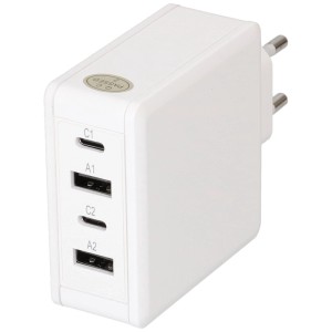 Chargeur rapide blanc Max Hauri avec 2 ports USB-C et 2 ports USB-A, puissance 65W.