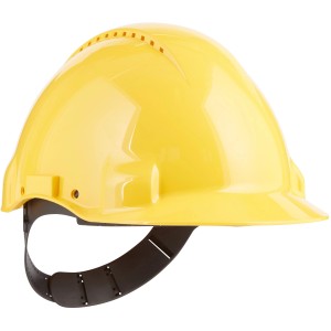 Casco di protezione giallo 3M G3000 con ventilazione e visiera corta per una migliore visibilità.