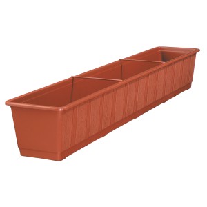Jardinière standard en terracotta, longueur 98,5 cm, avec structure en bois.