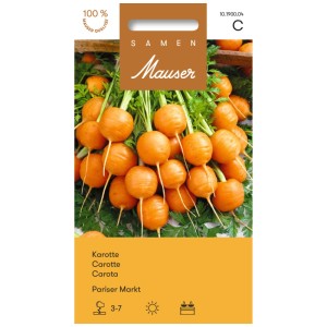 Confezione di semi di carota Mercato Parigino: Carote rotonde con foglie, ideali per la coltivazione in giardino.