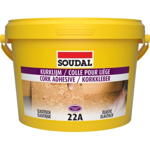 Secchio giallo di adesivo per sughero Soudal 22A, 5 kg, per pavimenti e pareti in sughero.