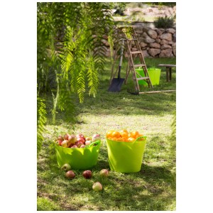 Flexitub Seau en caoutchouc Pistache 15L avec pommes et oranges dans le jardin.