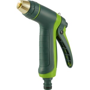 Pistola a spruzzo verde con due varianti di getto per la pulizia del giardino.