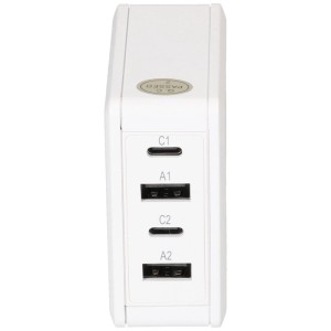 Chargeur rapide Max Hauri avec 2 ports USB-C et 2 ports USB-A, 65W, blanc.