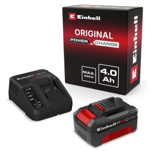 Kit de démarrage Einhell Power X-Change: batterie noire 18V 4Ah, chargeur et emballage pour outils.