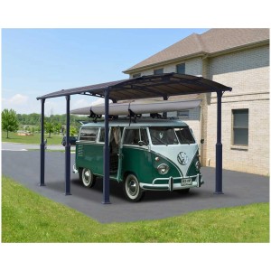 Carport antracite Alpine 6400 con VW bus e tavola da surf sul tetto.