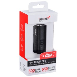 Éclairage avant de vélo Infini Tron 500, aluminium, noir, USB, dans son emballage.