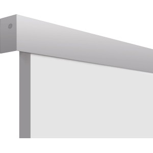 Gros plan : porte coulissante en bois blanc Margalida avec système de rail en aluminium argenté.