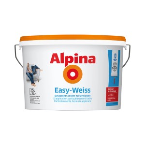 Secchio di Alpina EasyWeiss 2.5l, pittura murale bianca per interni ad alta copertura.