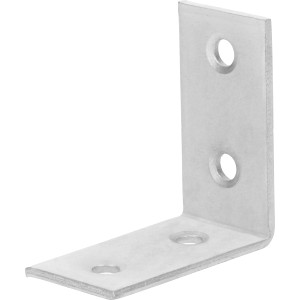 Staffa angolare zincata 40x40x20 mm con fori, adatta per costruzioni in legno.