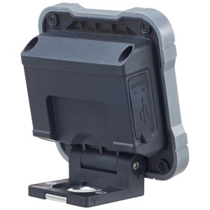 Vista posteriore del faro da lavoro a LED a batteria grigio Steffen 20W con supporto e porta USB.