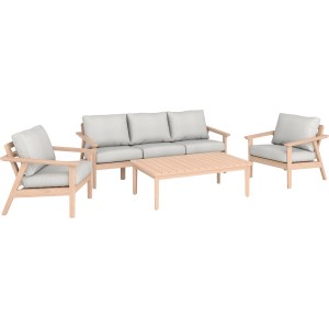 Set lounge Ashwood 4 pezzi in legno di acacia FSC® con cuscini grigio chiaro.
