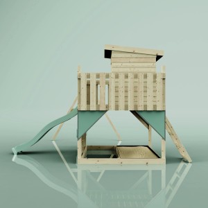 Torre giochi PolarPlay Björn con scivolo, altalena e sabbiera, verde menta.