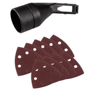 Accessoires pour ponceuse delta Einhell TC-DS 20 E : adaptateur d'aspiration et jeu de papier abrasif.
