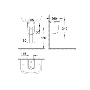 Disegno tecnico: semicolonna Grohe Bau Keramik per lavabi, dimensioni e viste.