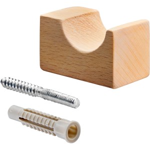 Hettich Wandhaken Typ 77 aus unbehandeltem Buchenholz mit geschwungener Aussparung, inkl. Schraube und Dübel.