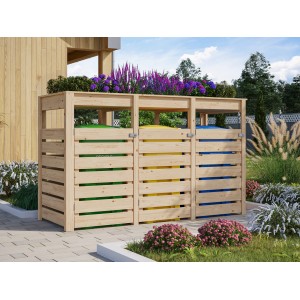 Karibu abri poubelle triple avec jardinière surélevée, finition naturelle, pour trois poubelles