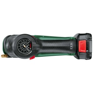 Pompe à air sans fil Bosch UniversalPump 18V (verte) avec manomètre et batterie.