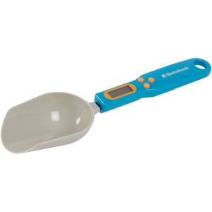 Balance de dosage numérique Steinbach pour produits chimiques de piscine avec écran LCD et cuillère grise.