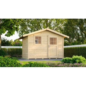 Casetta da giardino naturale 123 Gr.4 con tetto a due falde, legno di abete, porta e finestra.