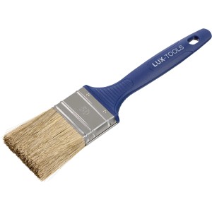 Pennello piatto LUX 50mm per pittura a emulsione con manico blu e setole sintetiche.