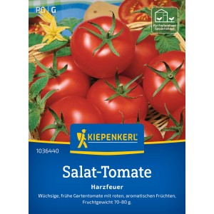 Tomates Kiepenkerl Harzfeuer F1-Hybrid : Tomates à salade rouges et rondes sur sachet de graines.