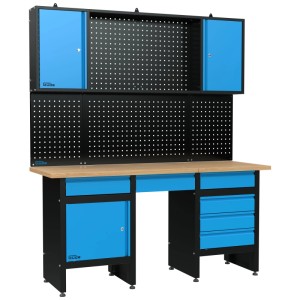 Ensemble d'établi 3 pièces avec plateau en hévéa, tôle d'acier bleue et panneau perforé.