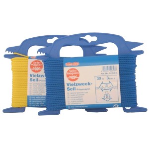 Corda in PP gialla e blu, diametro 3 mm, lunghezza 30 m, su bobina blu.