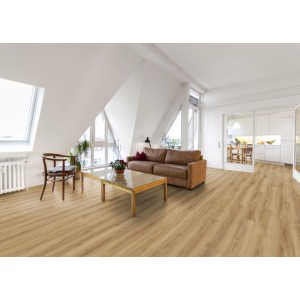 Soggiorno con pavimento in laminato Kaindl Proganic, modello Rovere Cordoba Elegante.