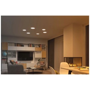 Salon avec panneaux LED encastrables Paulmann Veluna VariFit Zigbee, spots LED ronds au plafond.
